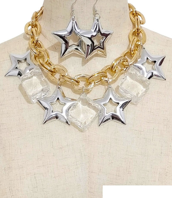 GOLD SILVER ICE CUBE AND STAR NECKLACE SET ( 3627 GPRH )