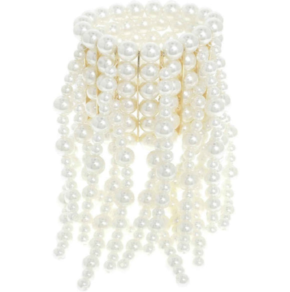 Multi Layered Cream Pearl Fringe Stretch Statement Bracelet ( 013 GCR )