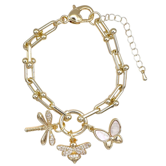 GOLD BEE DRAGONFLY BUTTERFLY CZ STONES CHARM BRACELET ( 1235 BG )
