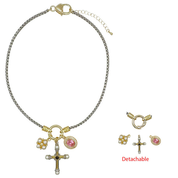 14K GOLD PLATED NECKLACE CHARMS CROSS PINK CZ STONES ( 1412 )