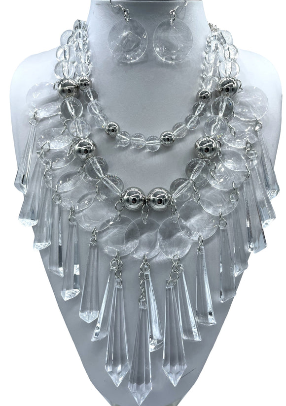 SILVER CLEAR CHUNKY NECKLACE SET ( 2915 RHCL )