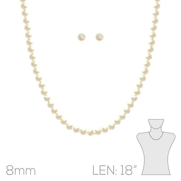 8mm Beige Pearl Beaded Necklace with Silver Accents with Stud Earrings ( 15642 18BE )