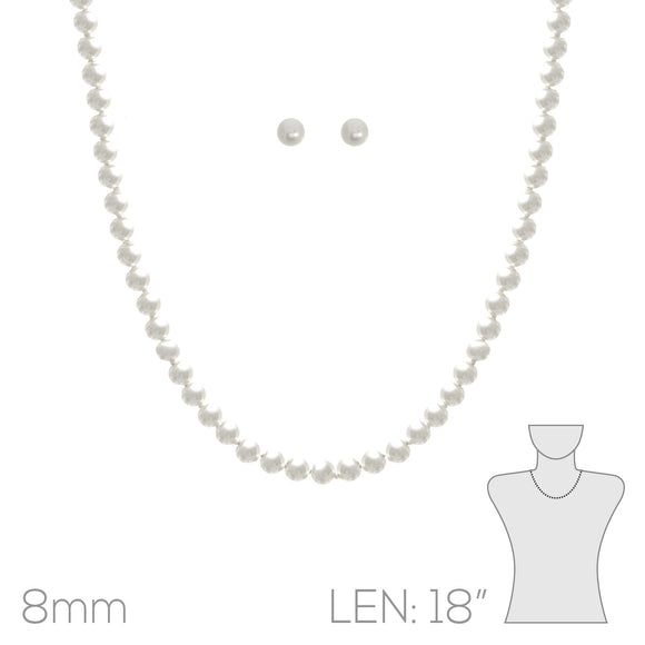 8mm Pearl Beaded Necklace Silver Accents Stud Earrings ( 15642 18WHR )