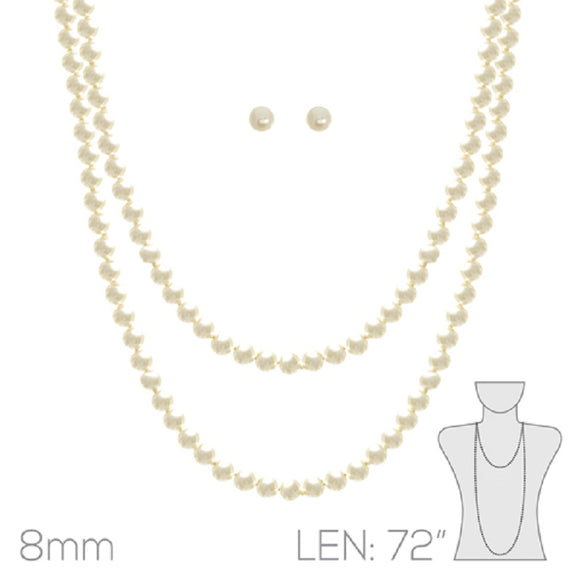 8mm Beige Pearl Beaded Necklace Silver Accents Stud Earrings ( 15642 72BEG )