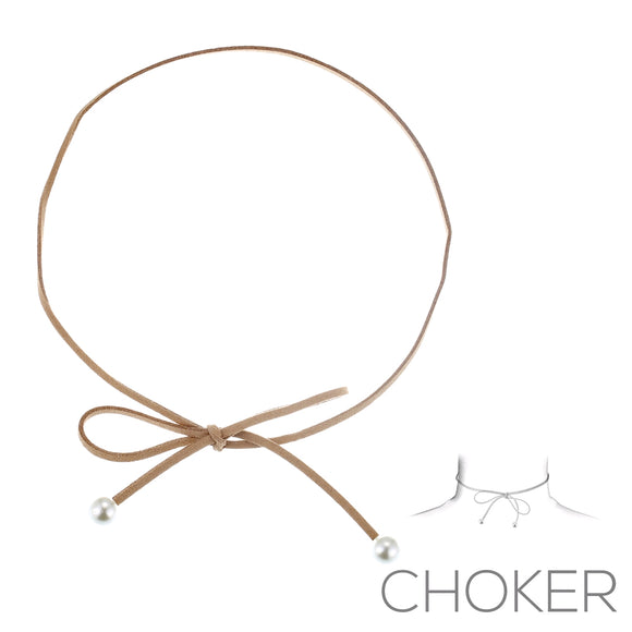 TAN Suede Choker with Pearl Ends ( 16120 )