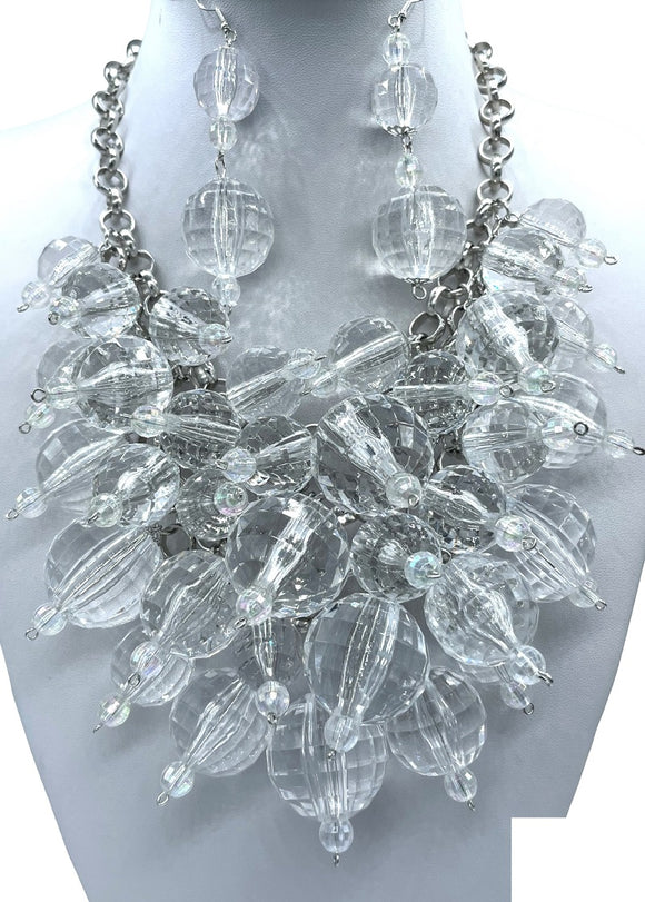 SILVER CLEAR CHUNKY NECKLACE SET ( 2912 RHCL )