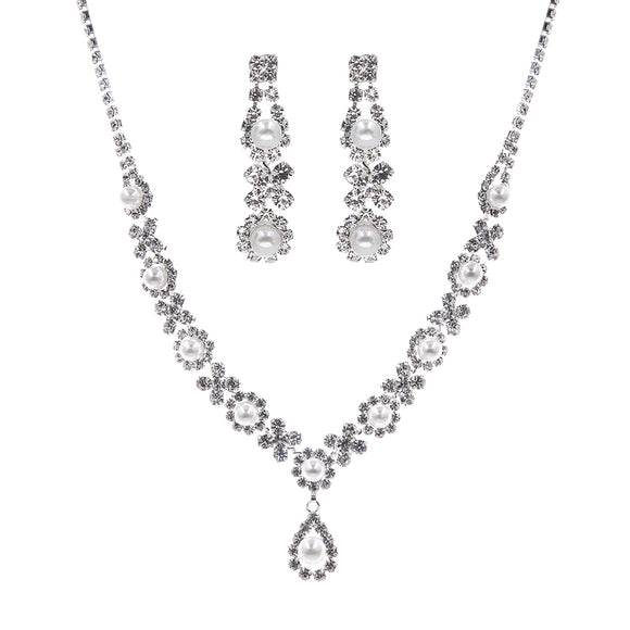 SILVER NECKLACE SET PEARL CLEAR STONES ( 17021 CRS )