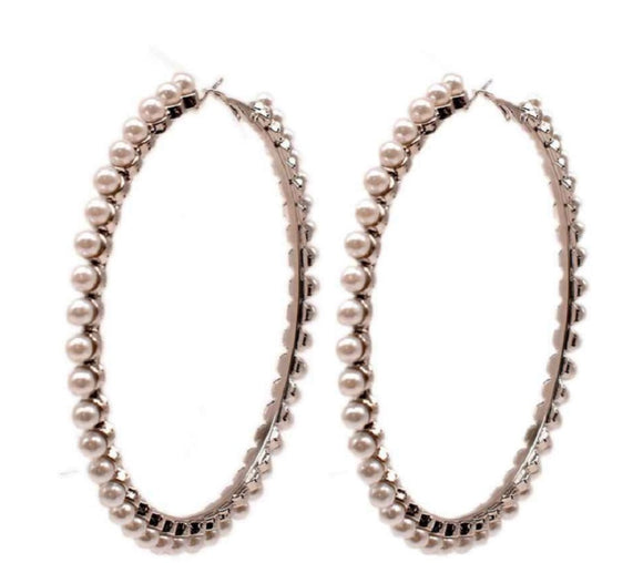 50MM SILVER HOOP EARRINGS WHITE PEARLS ( 170750 RWH )