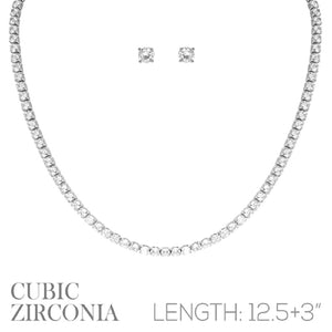 SILVER NECKLACE SET CLEAR CZ CUBIC ZIRCONIA STONES ( 17843 CRR )