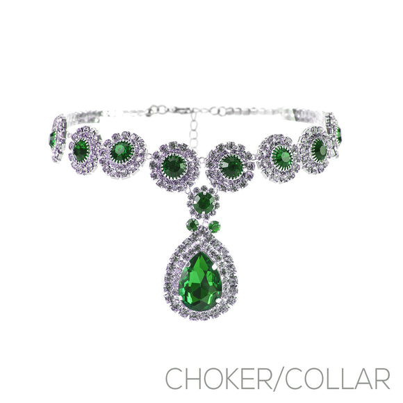SILVER CHOKER COLLAR NECKLACE Green CLEAR STONES ( 17985 EMS )
