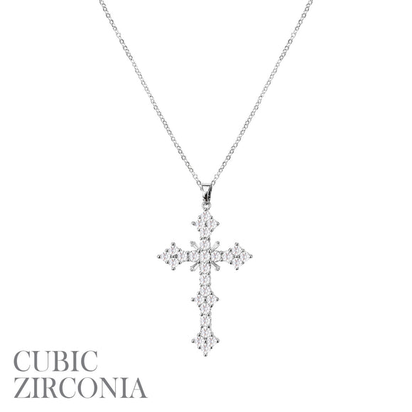 SILVER CROSS NECKLACE CLEAR CZ CUBIC ZIRCONIA STONES ( 18131 CRR )