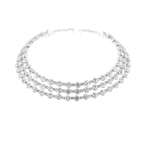 SILVER CLEAR RHINESTONE 3 LAYER CRYSTAL CHOKER ( 18258 CRS )