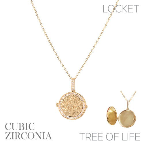 GOLD TREE OF LIFE LOCKET NECKLACE CZ STONES ( 18269 CRG )