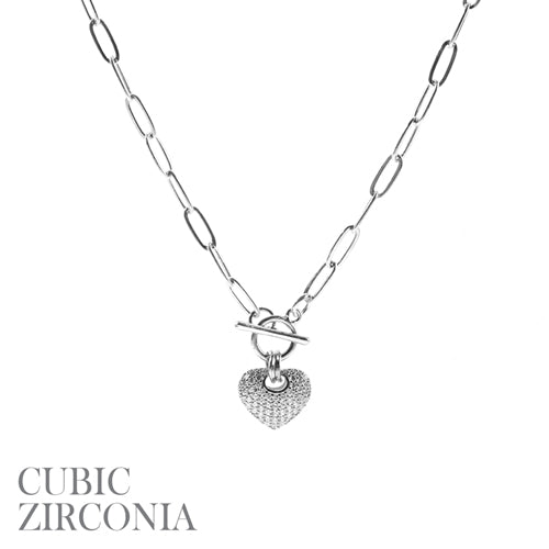 SILVER HEART CHARM NECKLACE CLEAR CZ STONES ( 18453 VCRR )