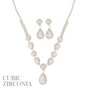 GOLD NECKLACE SET CLEAR CZ STONES ( 18482 CRG )