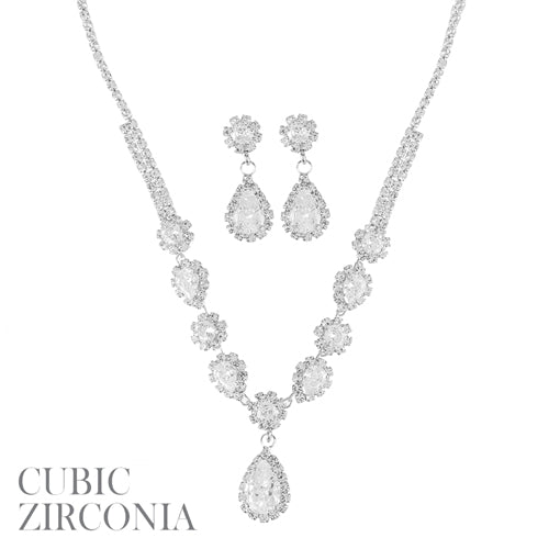 SILVER NECKLACE SET CLEAR CZ STONES ( 18482 CRS )