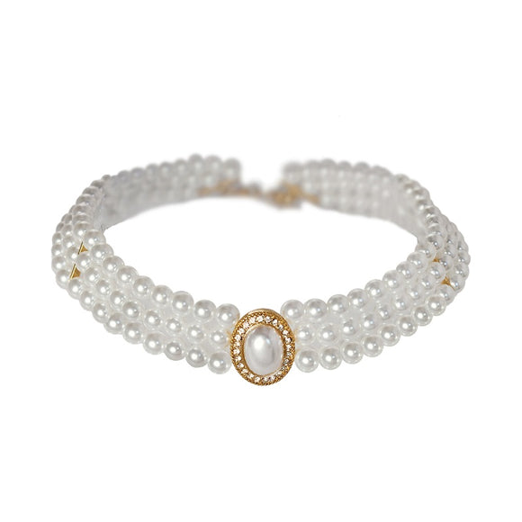 GOLD WHITE PEARL CHOKER CLEAR STONES ( 18496 WHG )