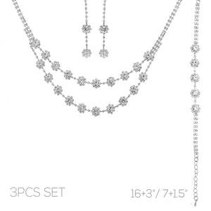 3 PIECE SILVER FLORAL NECKLACE SET CLEAR STONES BRACELET ( 18590 CRS )