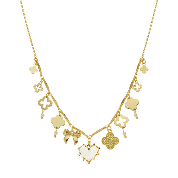 GOLD NECKLACE QUATREFOIL HEART CHARMS ( 18620 VWHG )