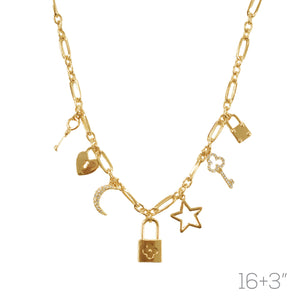 GOLD NECKLACE STAR LOCK MOON CHARMS ( 18639 CRG )