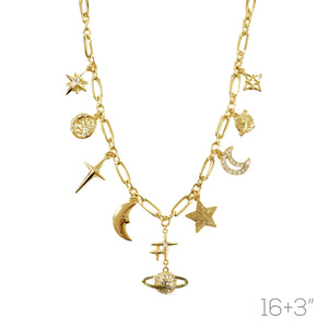 GOLD SPACE THEME CHARM NECKLACE ( 18640 CRG )