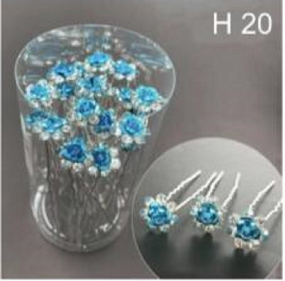 20 SILVER U PIN BLUE CLEAR STONES FLOWER PIN ( H20 )