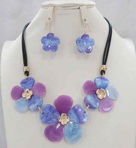 BLACK CHORD PURPLE FLOWER NECKLACE SET ( 5069 PP )