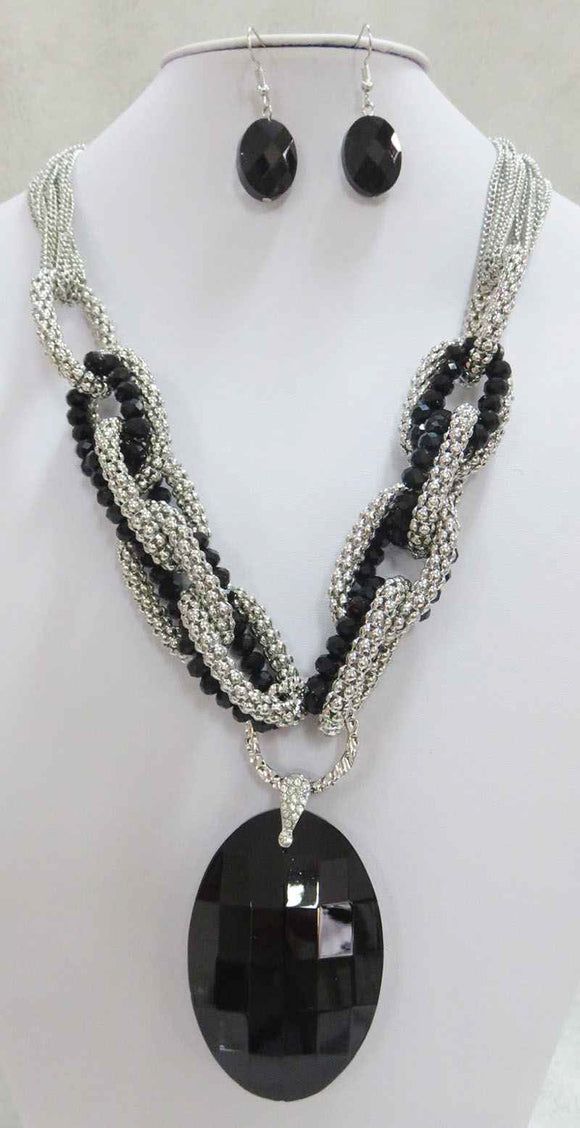 Silver Black Color Necklace Set ( 2873 SJET )