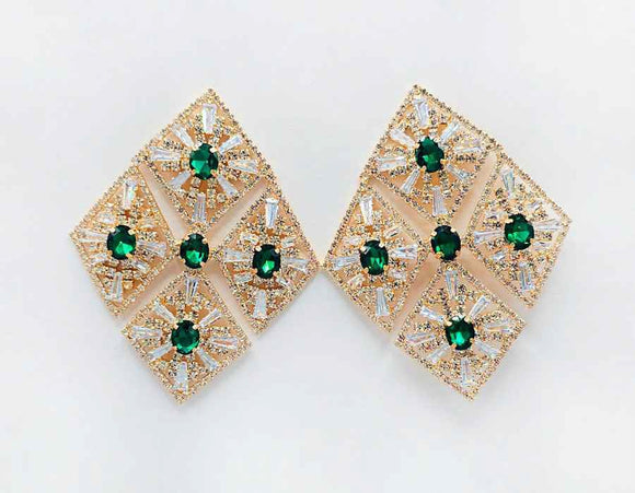 GLASS STATEMENT EARRINGS GOLD EMERALD GREEN ( 2696 EM )