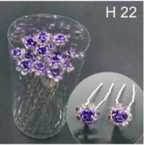 20 SILVER U PIN CLEAR STONES PURPLE FLOWER PIN ( H22 )