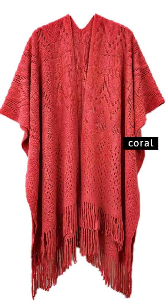 CORAL GEOMETRIC CROCHET RUANA ( 220155 CO )