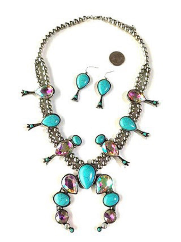 CRYSTAL SQUASH BLOSSOM METAL PEARL NECKLACE SET ( 2297 TQAB )