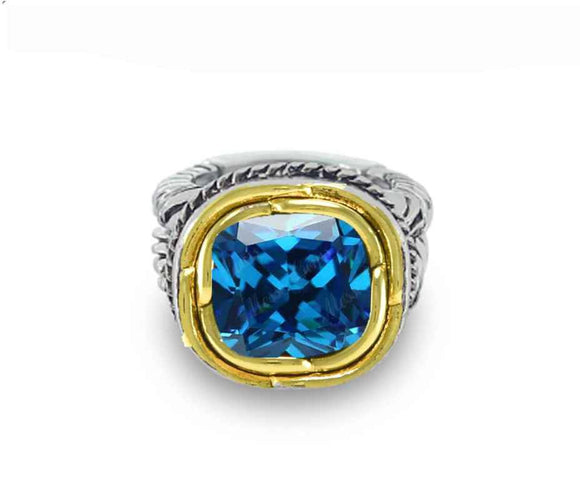 SILVER GOLD BLUE STONE RING ( 3294 AQ )