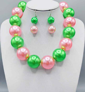 PINK GREEN COLOR PEARL NECKLACE SET 30MM ( 3235 PK )