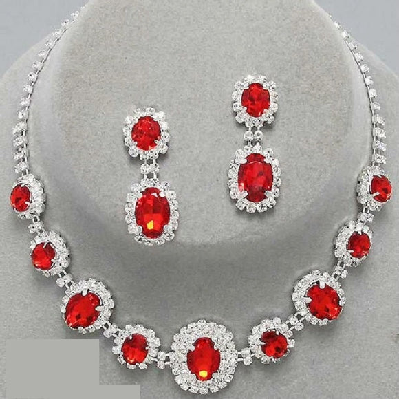 SILVER NECKLACE SET RED ( 10787 R )