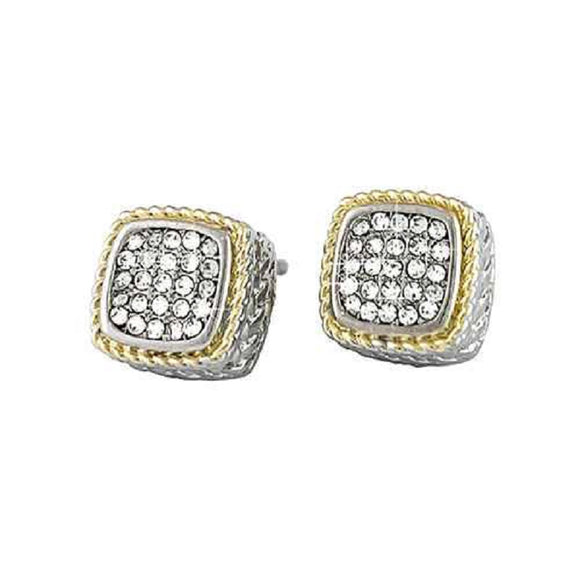 SILVER GOLD SQUARE EARRINGS CLEAR STONES ( 8655 )
