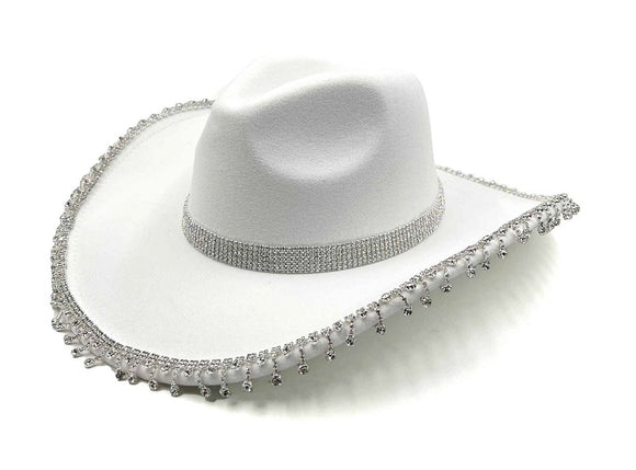 WHITE COWBOY HAT CLEAR STONES DANGLING ( 0682 WHCL )