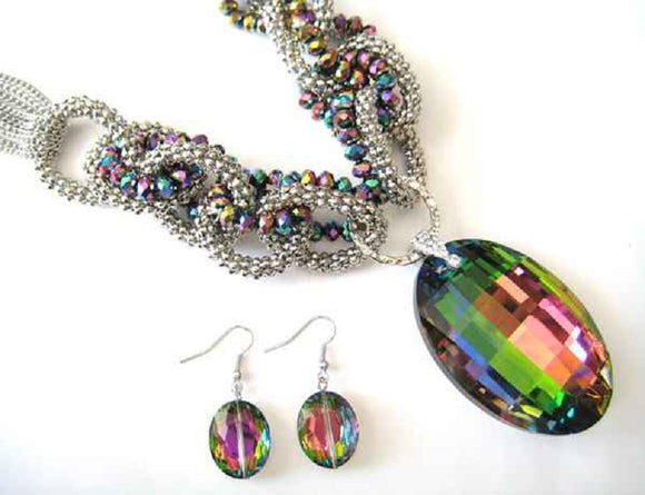 Silver Oil Spill Vitrail Color Necklace Set ( 2873 RB )