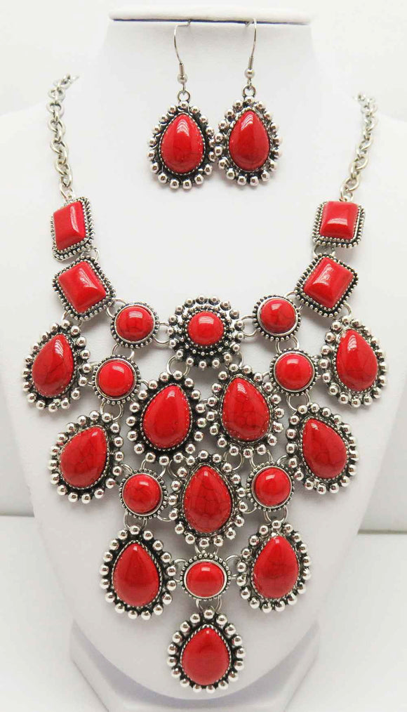 Silver Red Necklace Set ( 3086 RD )