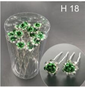 20 SILVER U PIN GREEN CLEAR STONES FLOWER PIN ( H18 )