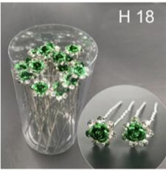 20 SILVER U PIN GREEN CLEAR STONES FLOWER PIN ( H18 )
