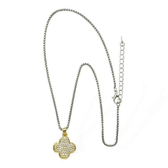 SILVER GOLD QUATREFOIL NECKLACE CLEAR STONES ( 9081 K )