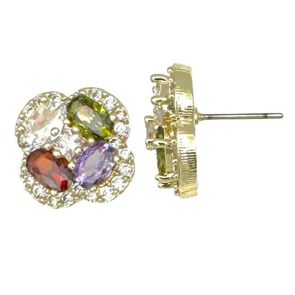 14K GOLD PLATED CLOVER EARRINGS MULTI COLOR CZ STONES ( 9485 EGM )