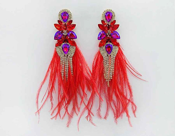 GOLD RED FEATHER EARRINGS CLEAR RED STONES ( 2603 RD )