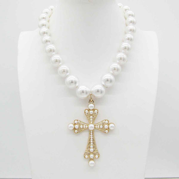 PEARL CROSS NECKLACE SET ( 0651 GP )