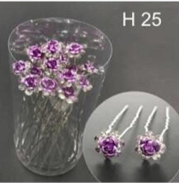 20 SILVER U PIN CLEAR STONES LAVENDER FLOWER PIN ( H25 )