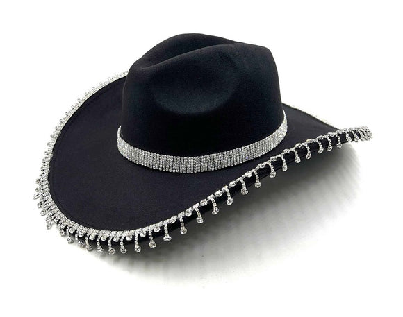 BLACK COWBOY HAT CLEAR STONES DANGLING ( 0682 BKCL )