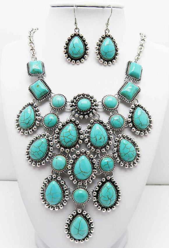 Silver Turquoise Necklace Set ( 3086 TQ )