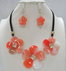 BLACK CHORD ORANGE FLOWER NECKLACE SET ( 5069 OR )