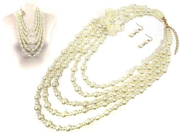 GOLD CREAM PEARL NECKLACE FLOWER SET ( 8215 GDCRP )